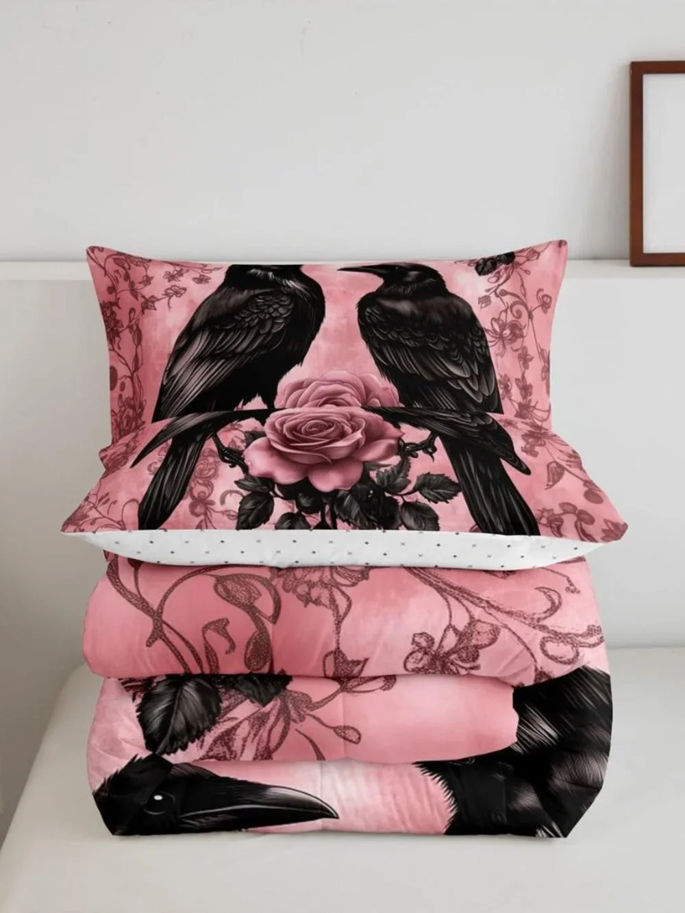 Crow Flowers Kids Comforter Queen,Vintage Country Wild Roses Bedding Set for Tee